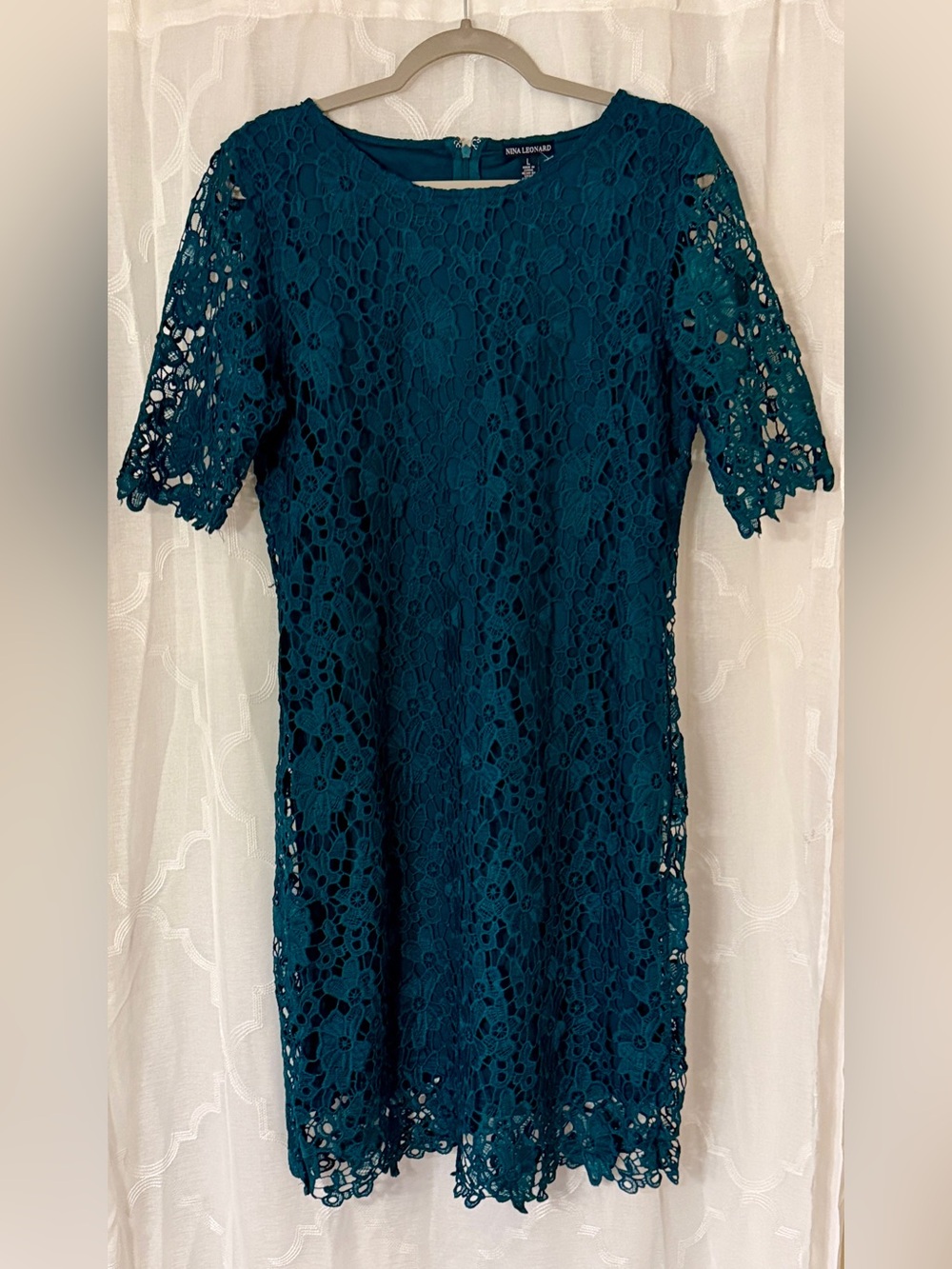 Nina Leonard Teal Lace Sheath Dress NWT Size Large | Scalloped Cocktail Dress